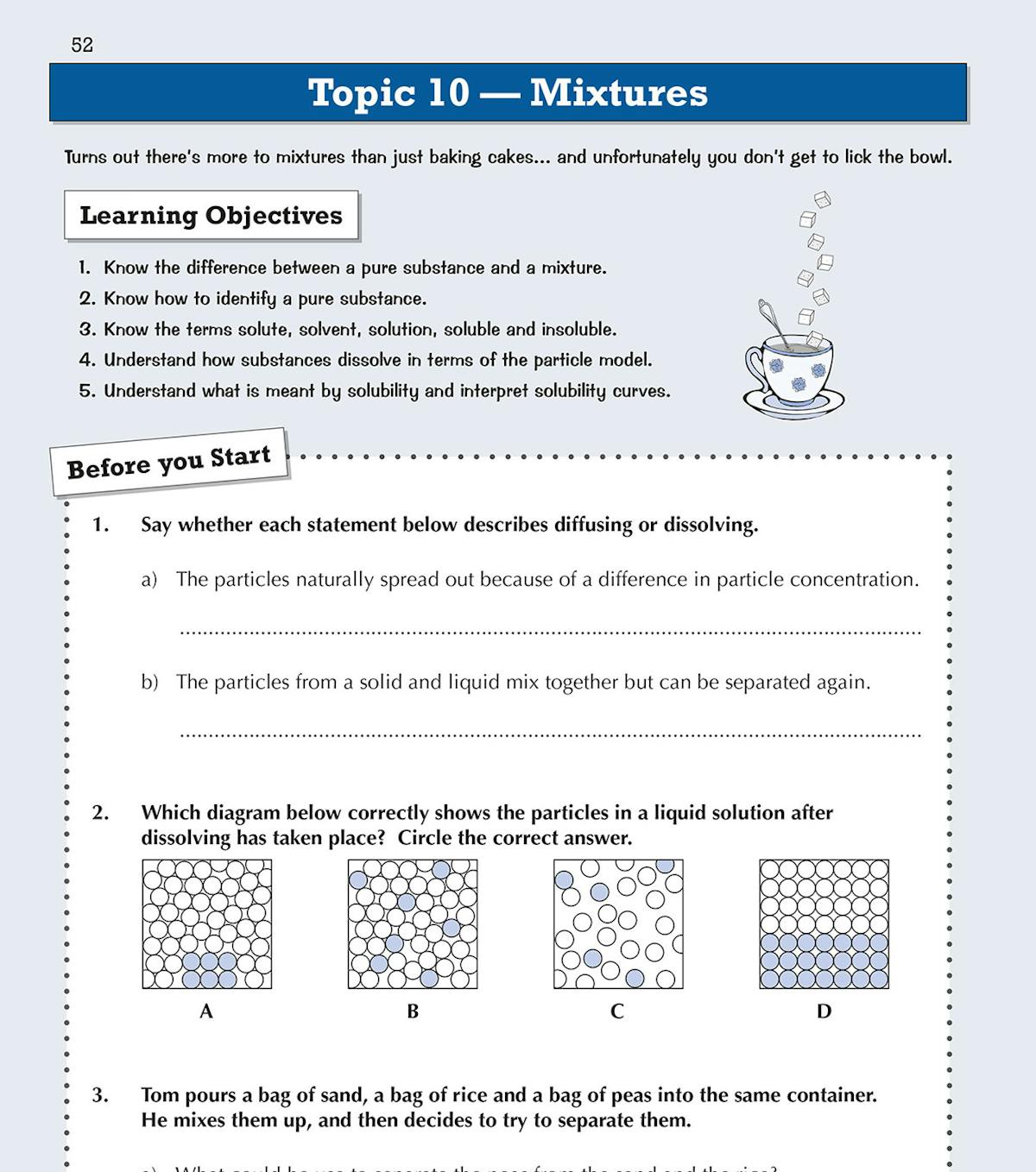 Year 7 Science workbook page showing learning objectives and warm-up questions on mixtures