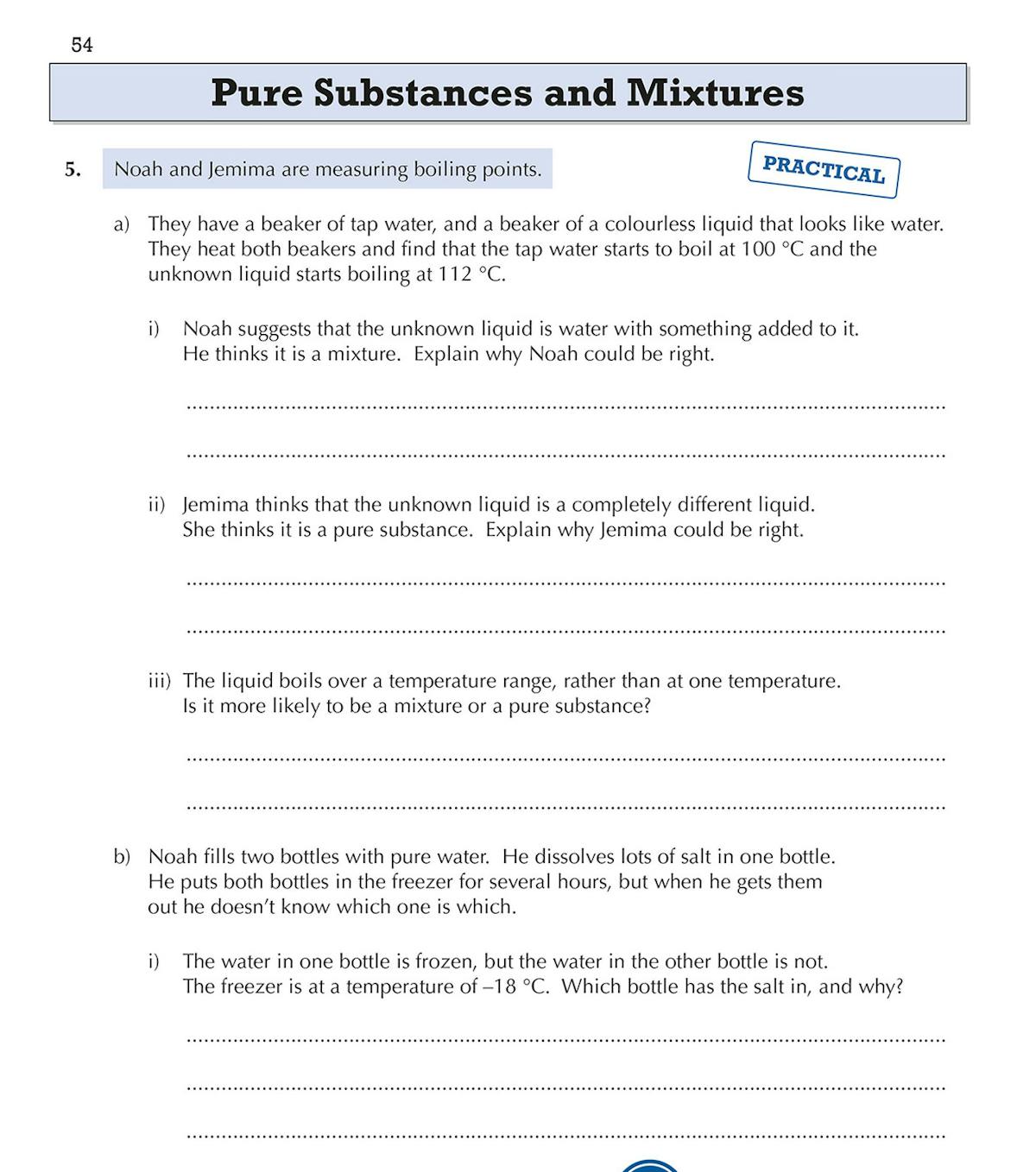 Year 7 Science workbook page showing practical Science questions on pure substances and mixtures