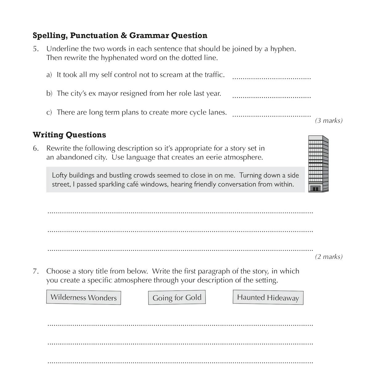 Sample page from the Year 8 English 10-Minute Weekly Workouts showing spelling, punctuation and grammar questions alongside creative writing tasks
