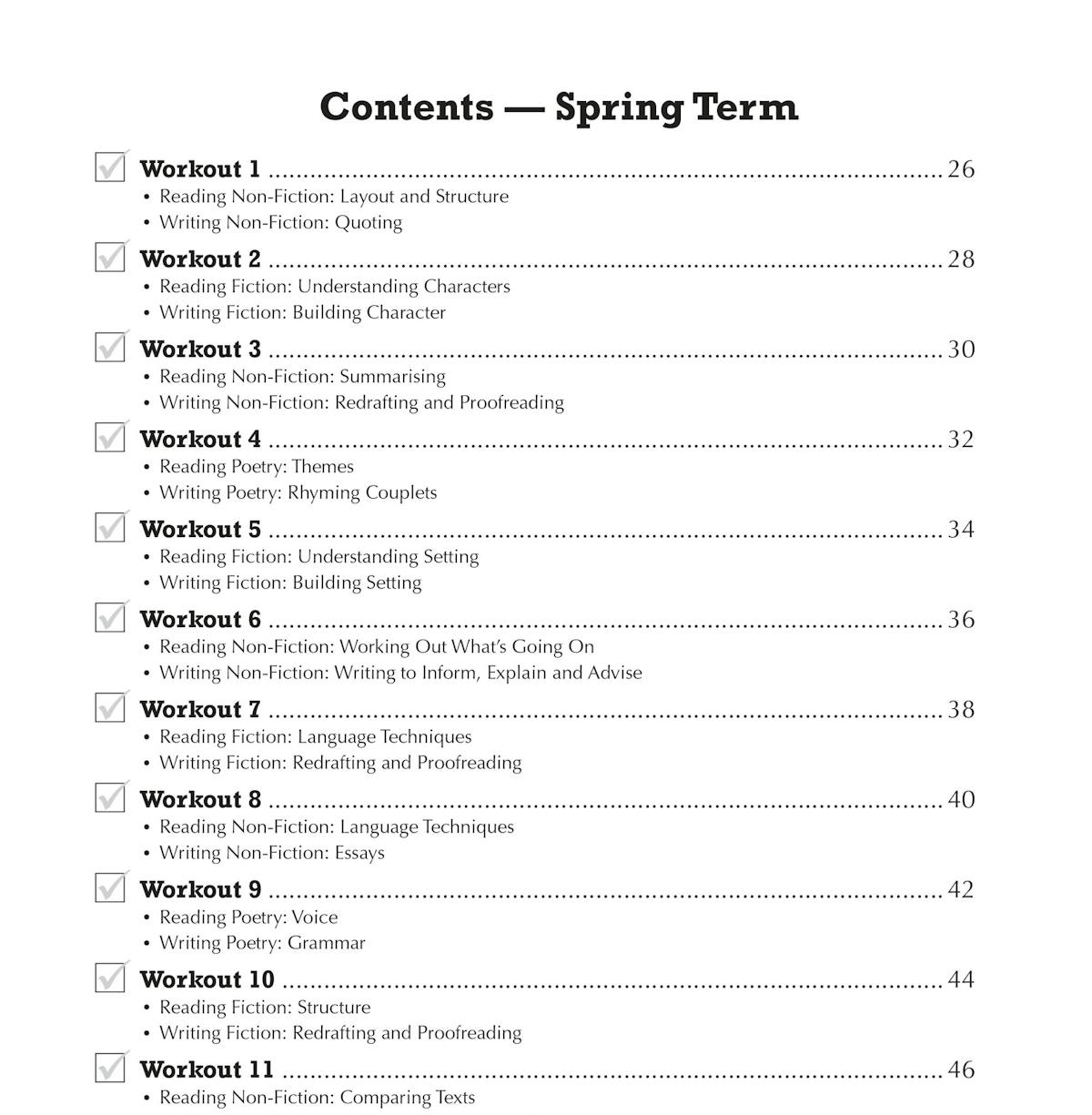 Contents pages showing the Spring and Summer term workout schedules