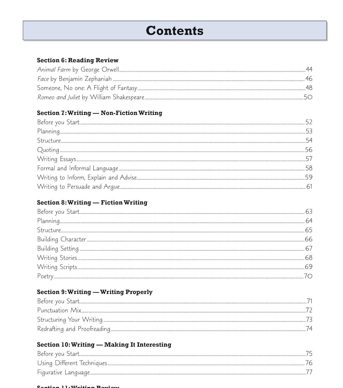 Contents page listing reading and writing sections covering non-fiction, Shakespeare, and essay skills