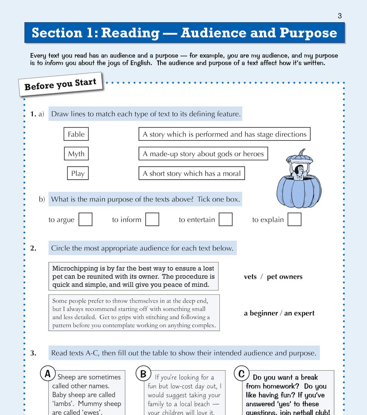 Sample page from the Year 8 English Targeted Workbook demonstrating reading comprehension questions on audience and purpose with engaging texts