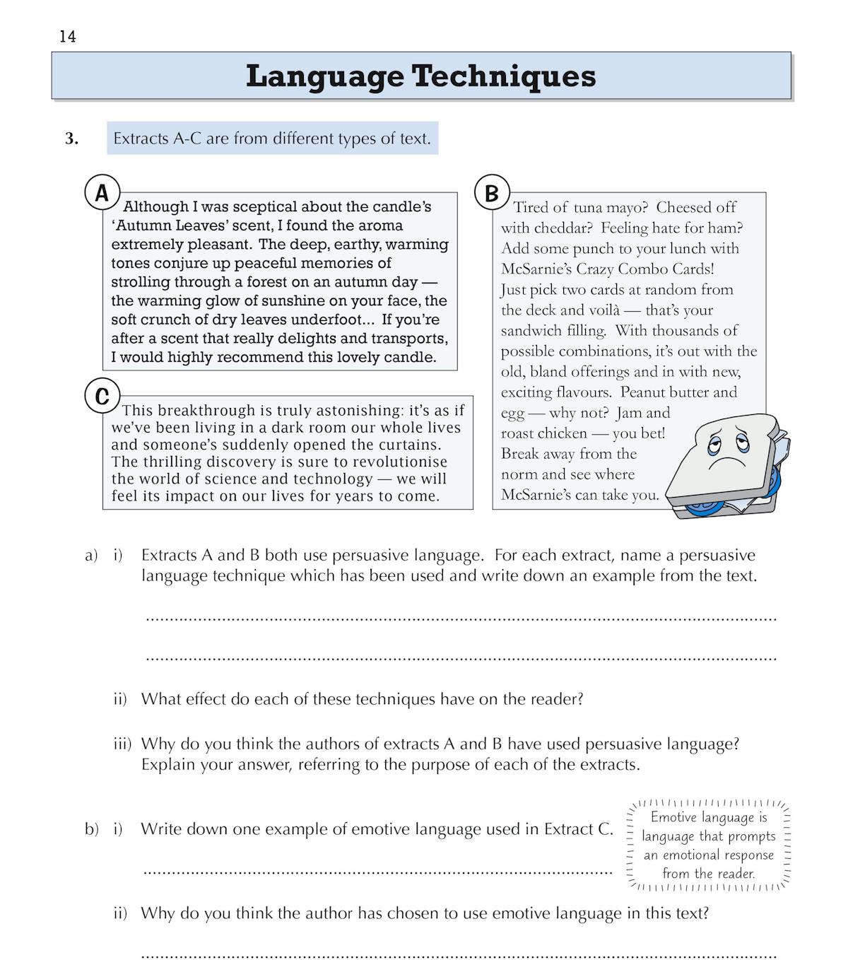 Sample page showing language techniques exercises with extracts from different text types