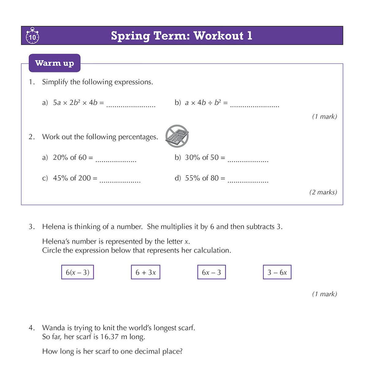 Sample workout page showing perimeter geometry question and a savings word problem
