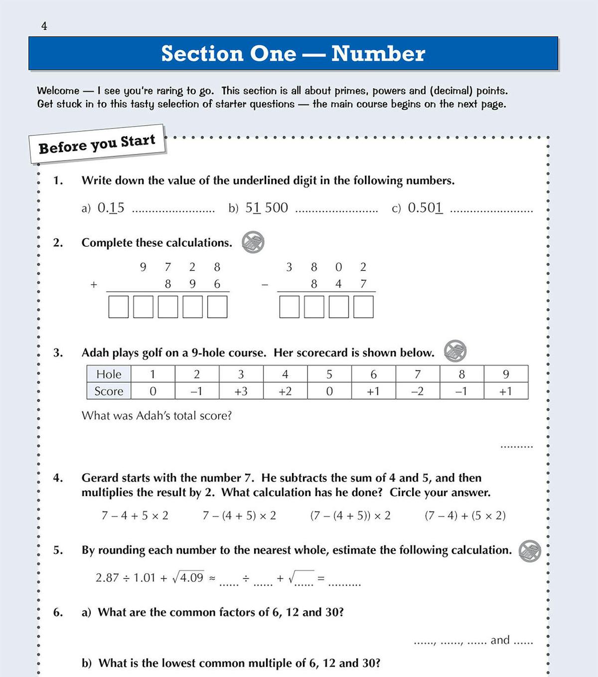 Before You Start warm-up page with starter questions on number, place value and calculations