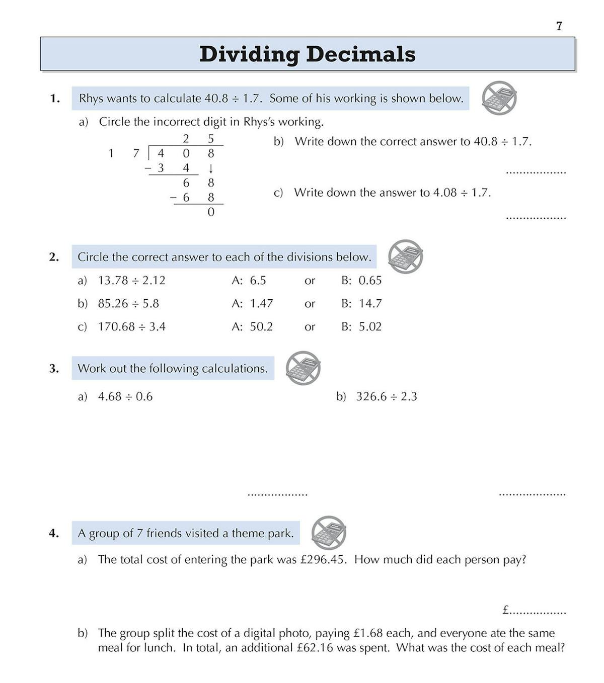 Dividing Decimals practice page showing worked example and progressive difficulty questions
