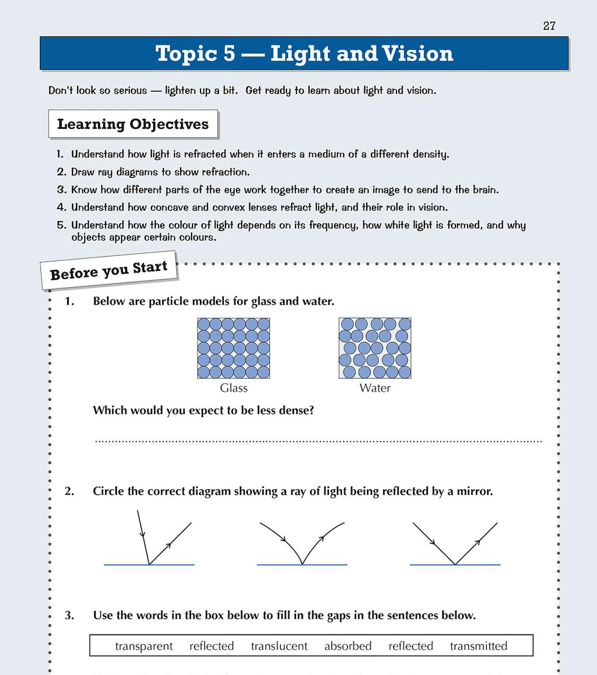 Sample pages showing light and vision topic with learning objectives and warm-up questions