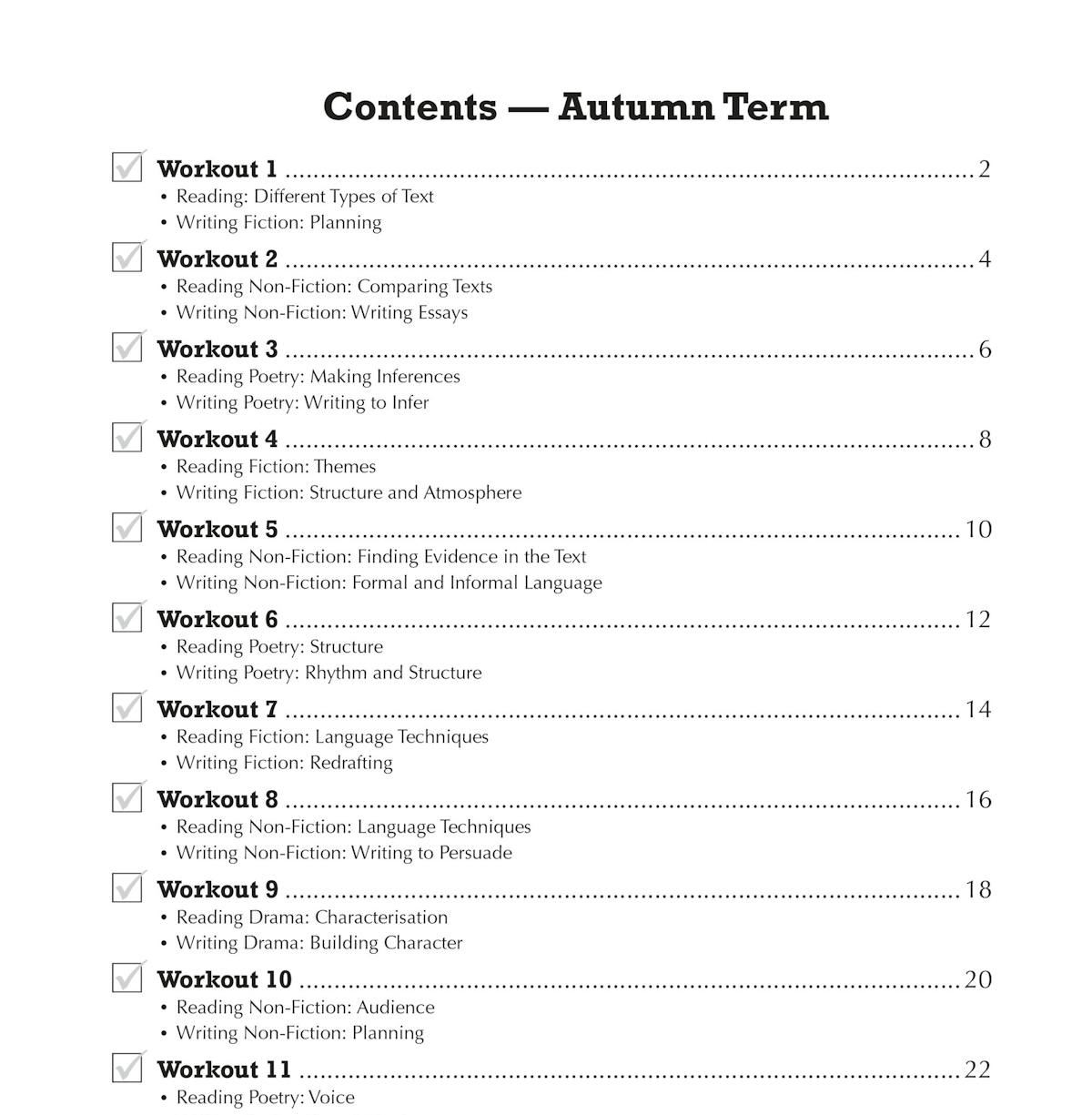 Contents page from the Year 9 English 10-Minute Weekly Workouts showing 36 weekly tests covering reading, writing, and SPaG skills