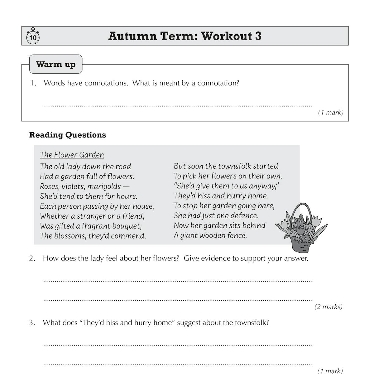 Sample workout showing a poetry comprehension exercise with warm-up and reading questions