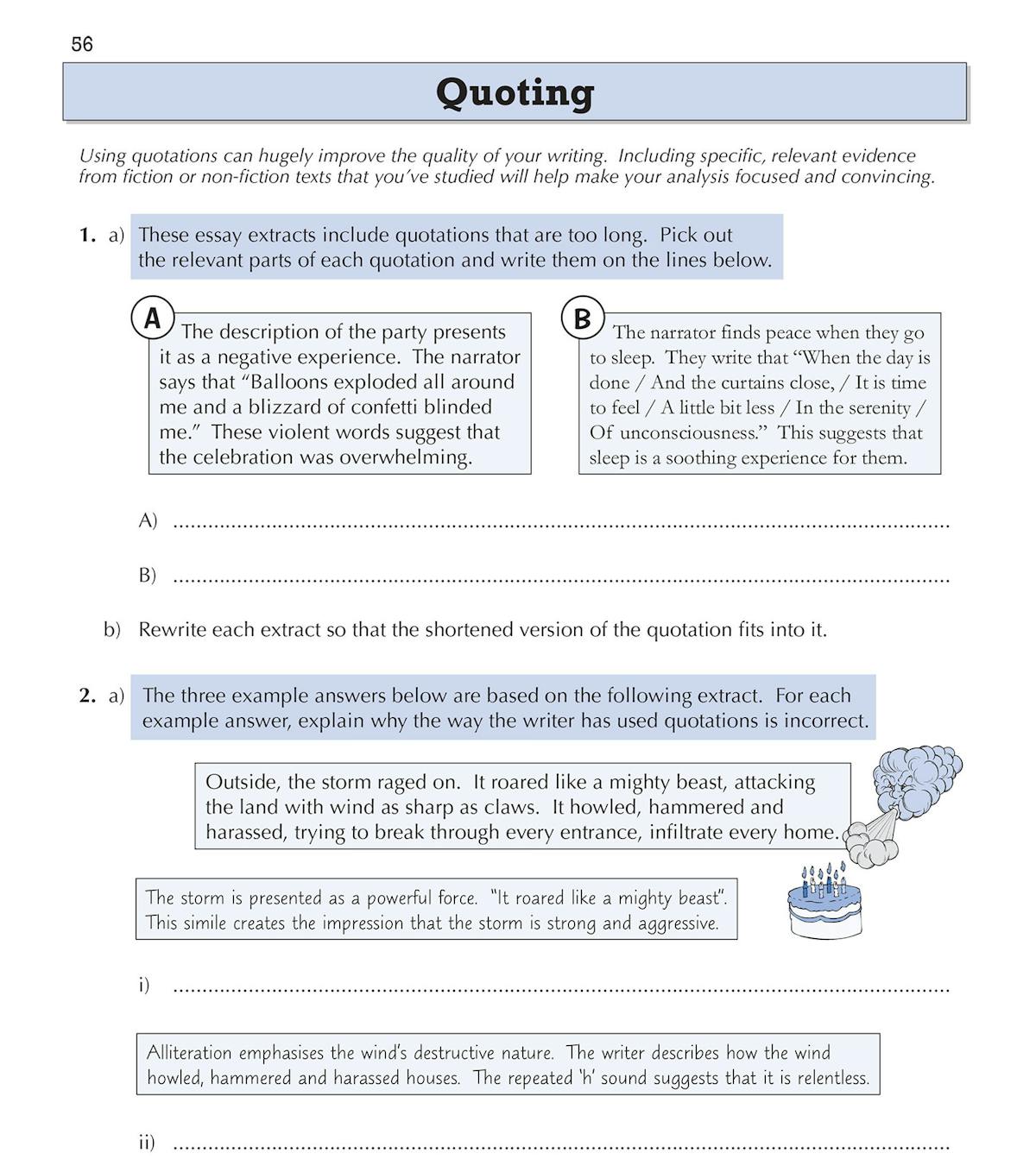 Sample page from the Year 9 English Targeted Workbook demonstrating quotation exercises with model answers and analytical writing tasks