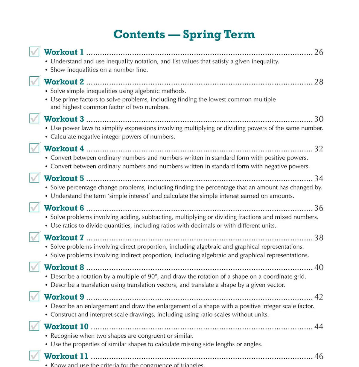 Contents page showing the Spring Term workouts