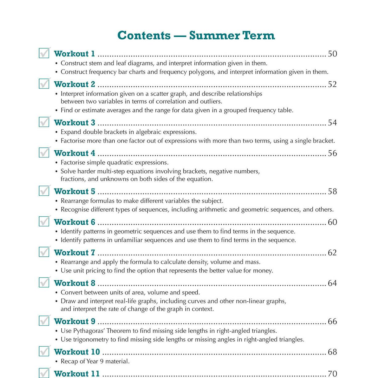 Contents page showing the Summer Term workouts