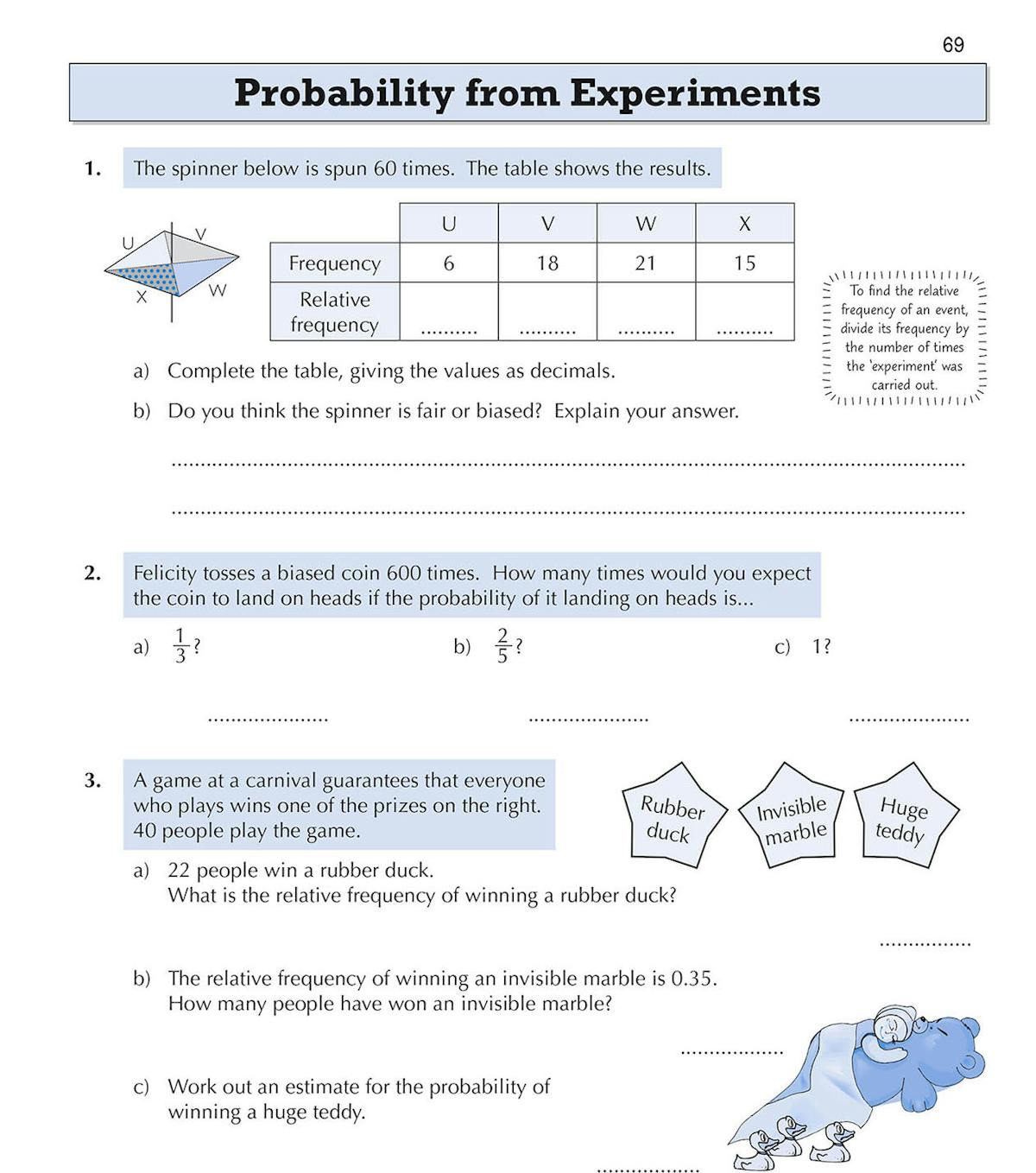 Sample page showing probability from experiments questions with spinner diagrams and carnival game scenarios