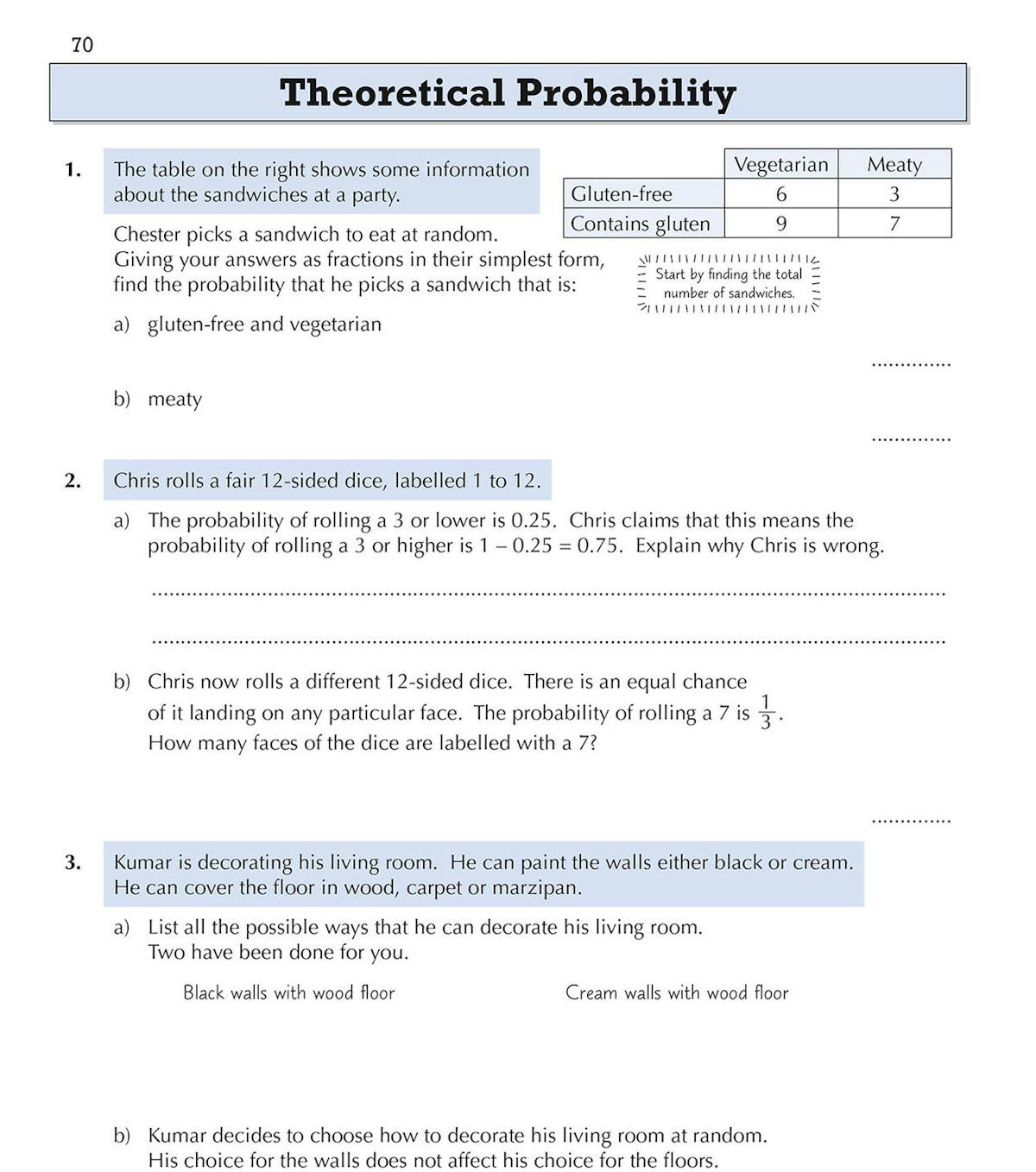 Sample page on theoretical probability featuring dice, sandwich probability tables and decorating scenarios